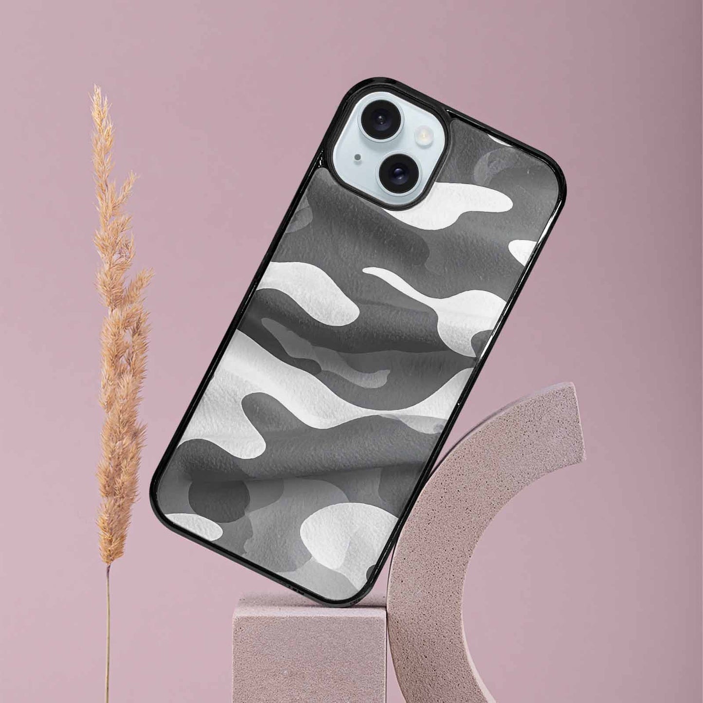 iPhone 15 Plus Case — Grey Camo Print, Custom Art Phone Cover