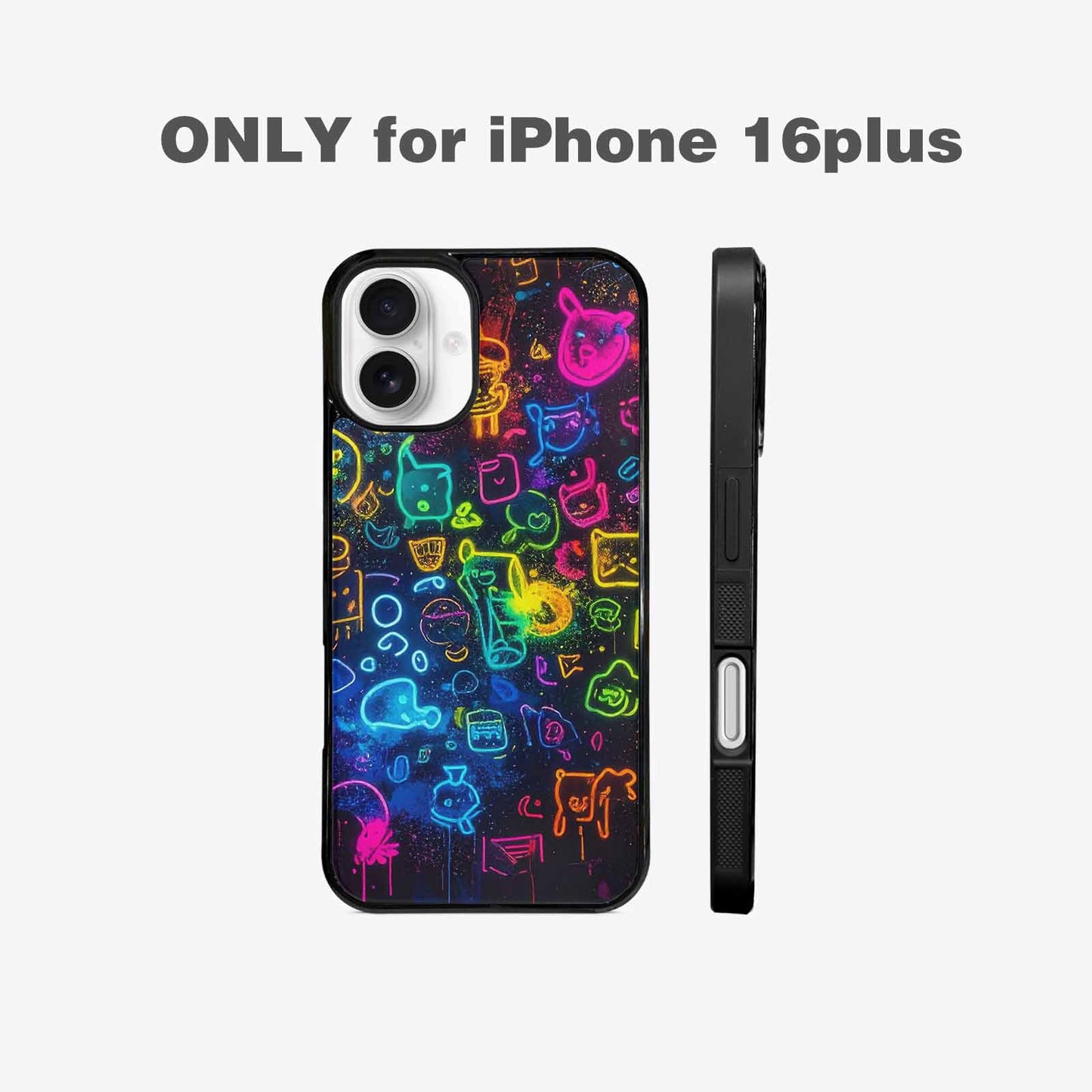 iPhone 16 Plus Case — Neon Glow Outline Icon Pattern Hundreds, Custom Printed Phone Case