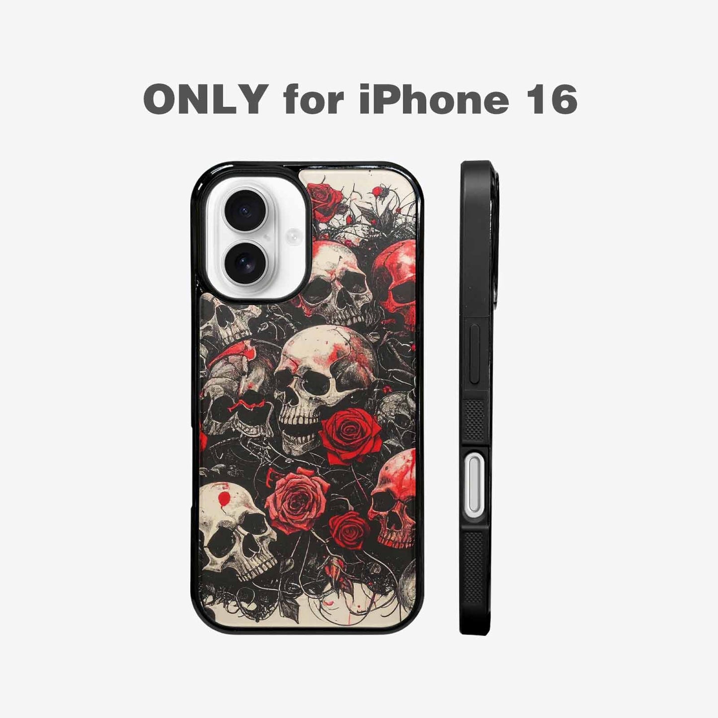 iPhone 16 Case — Skull And Roses Black Red Ink, Custom Printed Phone Case