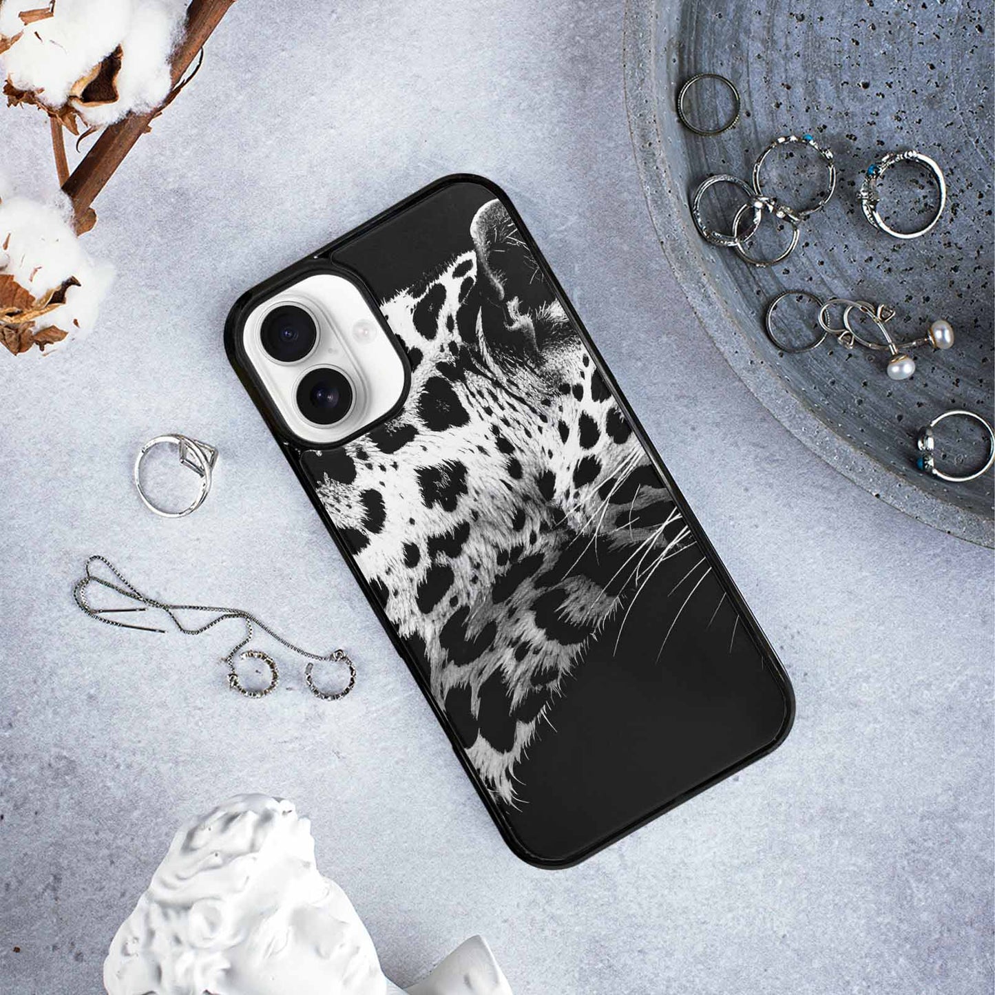 iPhone 16 Plus Case — Leopard Print Black And White Style, Customized Protective Case