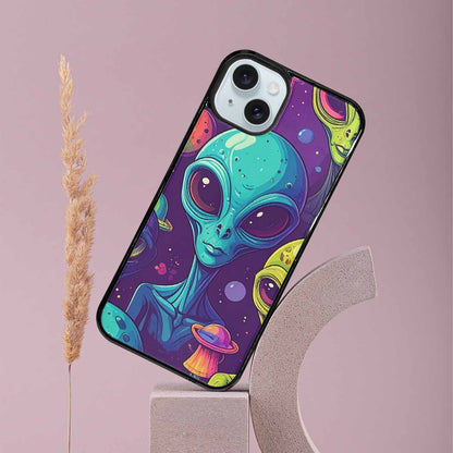 iPhone 15 Plus Case — Alien Ufo Cartoon Art Pattern Groovy, Custom Printed Phone Case