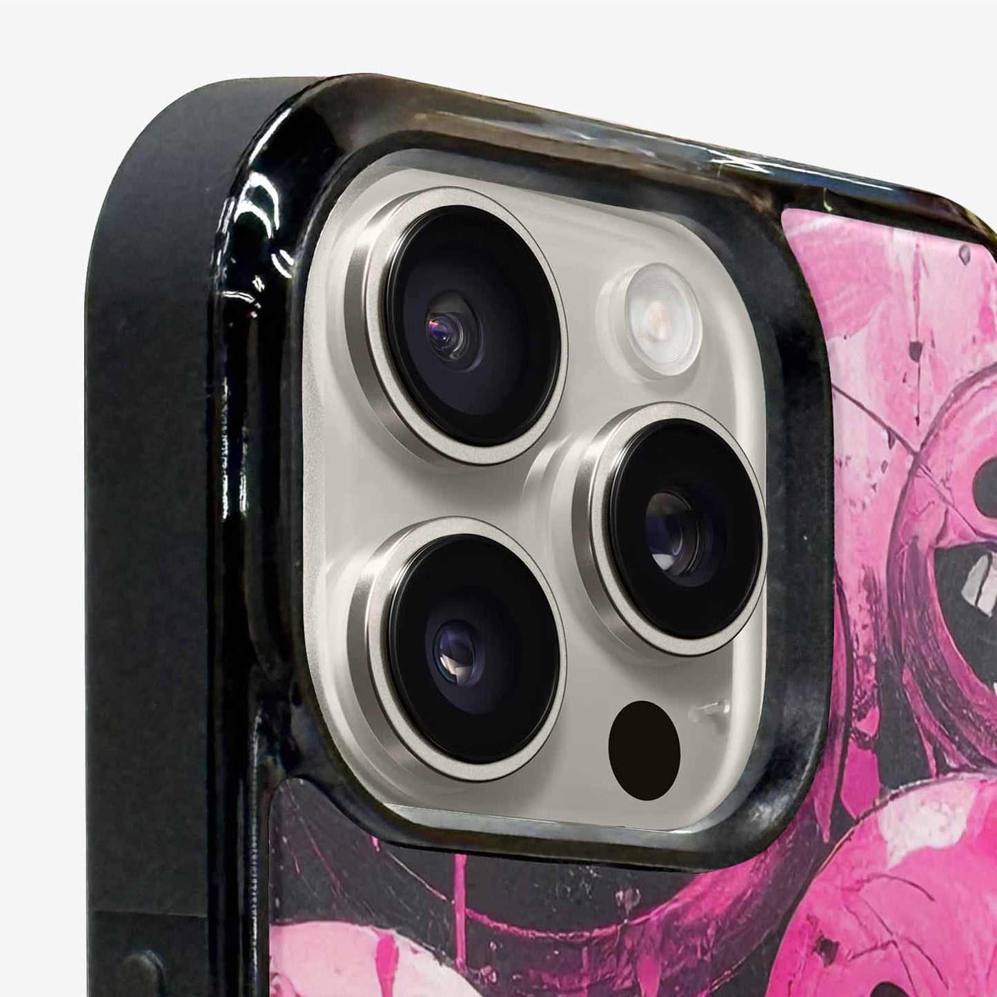 iPhone 15 Pro Max Case — Melting Moon Smiley Black Pink Ink, Custom Phone Case