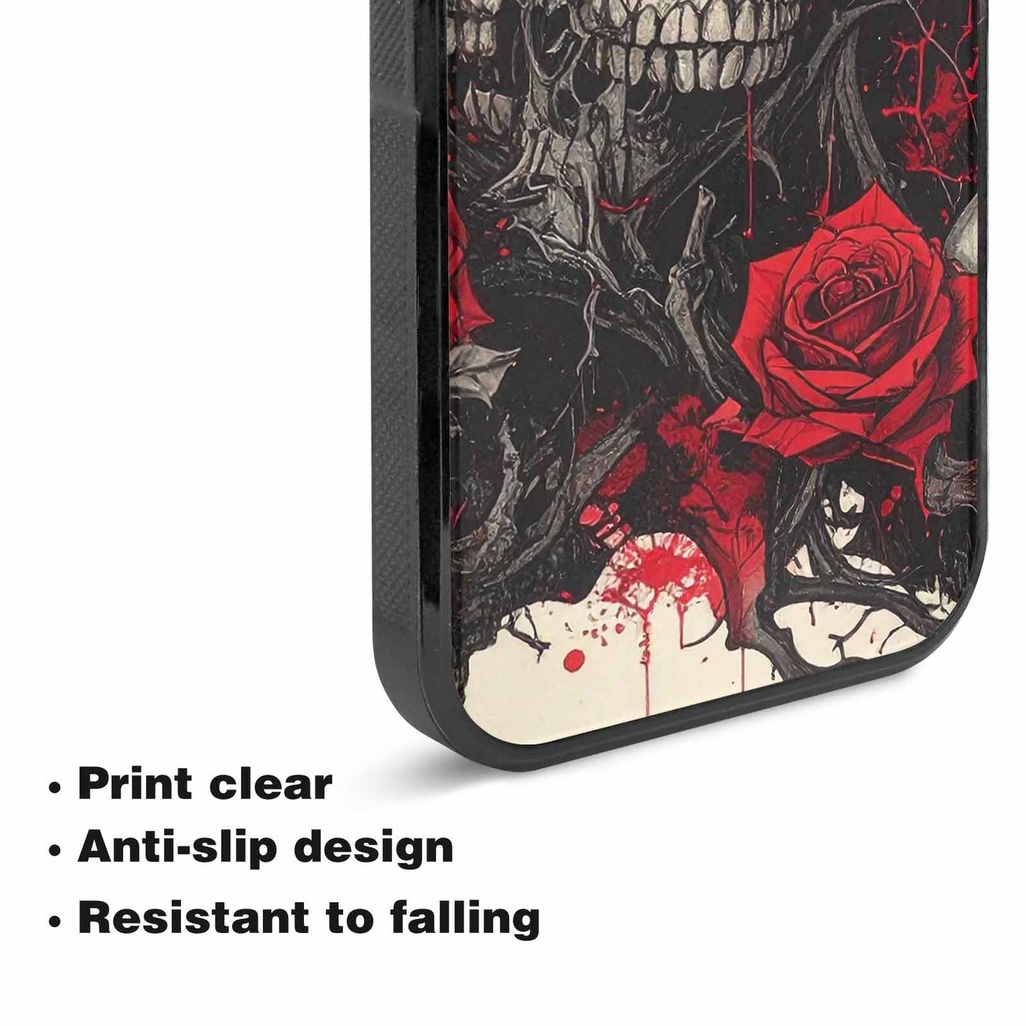 iPhone 15 Plus Case — Skull And Roses Black Red Ink, Custom Printed Phone Case