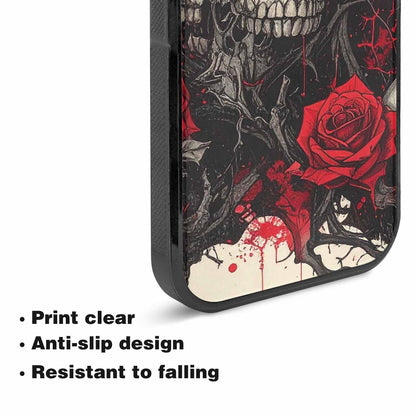iPhone 15 Plus Case — Skull And Roses Black Red Ink, Custom Printed Phone Case