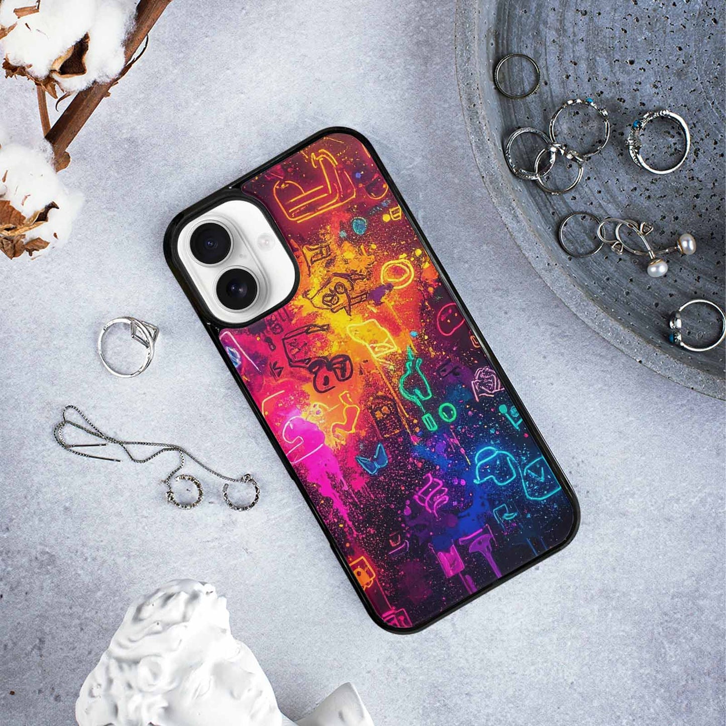 iPhone 16 Plus Case — Neon Glow Outline Icon Pattern Hundreds, Custom Phone Case
