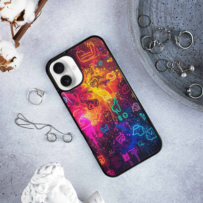 iPhone 16 Plus Case — Neon Glow Outline Icon Pattern Hundreds, Custom Phone Case