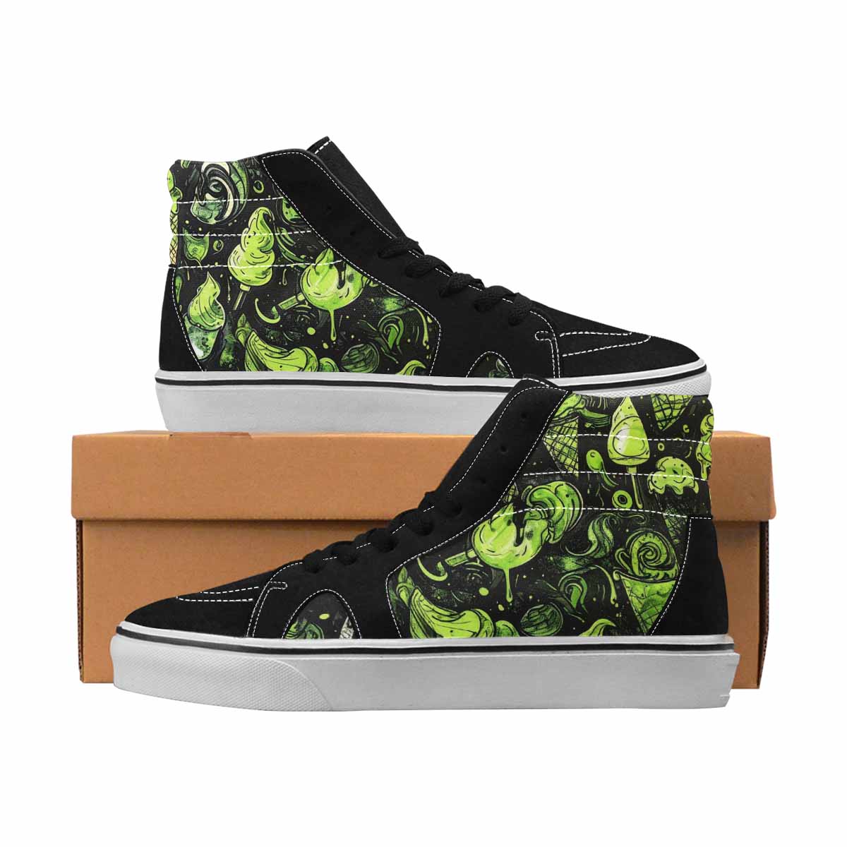 MEN'S Ice Cream Black & Green Ink High Top Canvas Statement Neon Fantasy Custom Printed Shoes