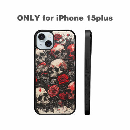 iPhone 15 Plus Case — Skull And Roses Black Red Ink, Custom Phone Case