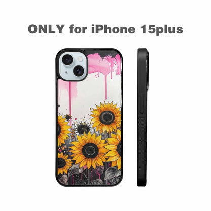 iPhone 15 Plus Case — Sunflower Burst Black Pink Ink Sunflowers, Customized Protective Case