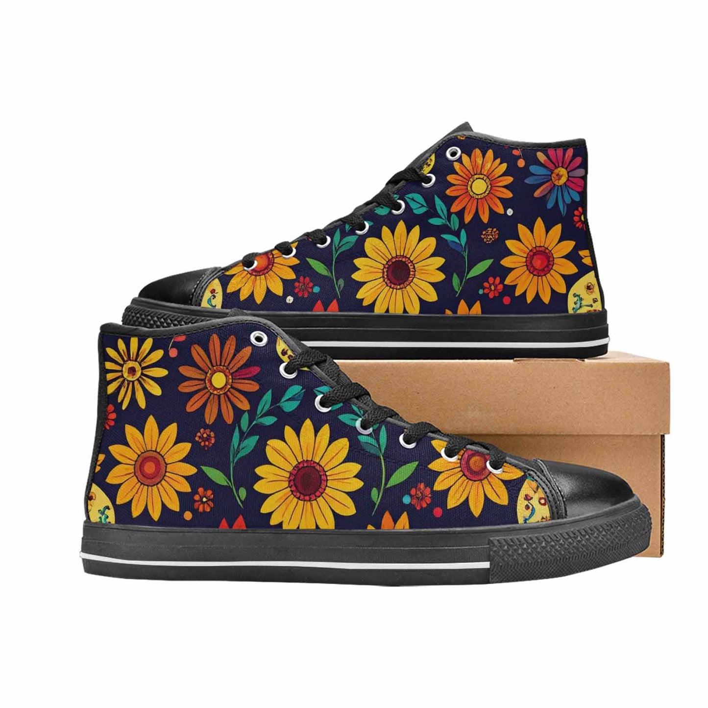 WOMEN'S Sunflowers And Skulls High Top Canvas Cottagecore Custom Shoes