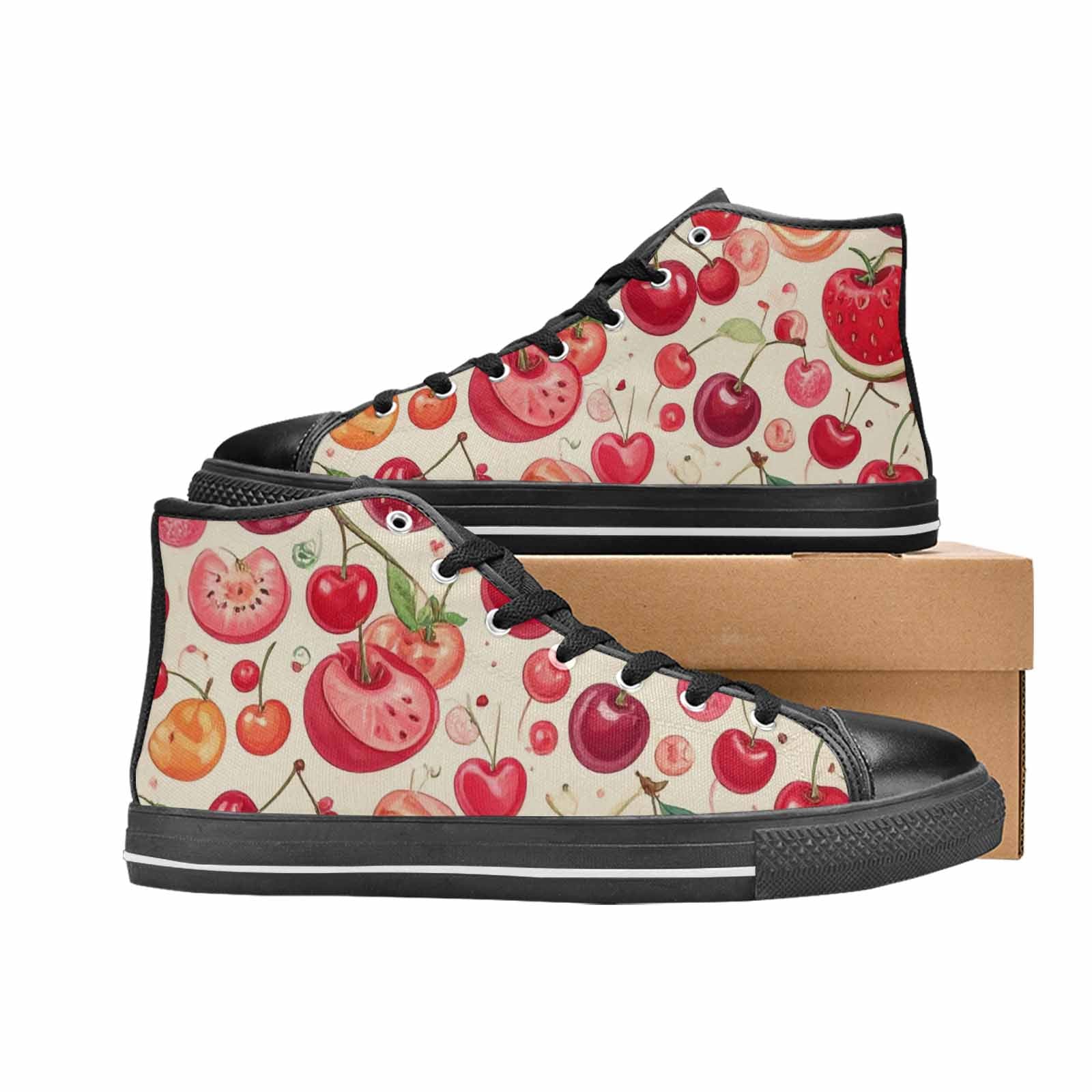 WOMEN'S Cherry Fruit Print High Top Canvas Wallpaper Art Sneakers