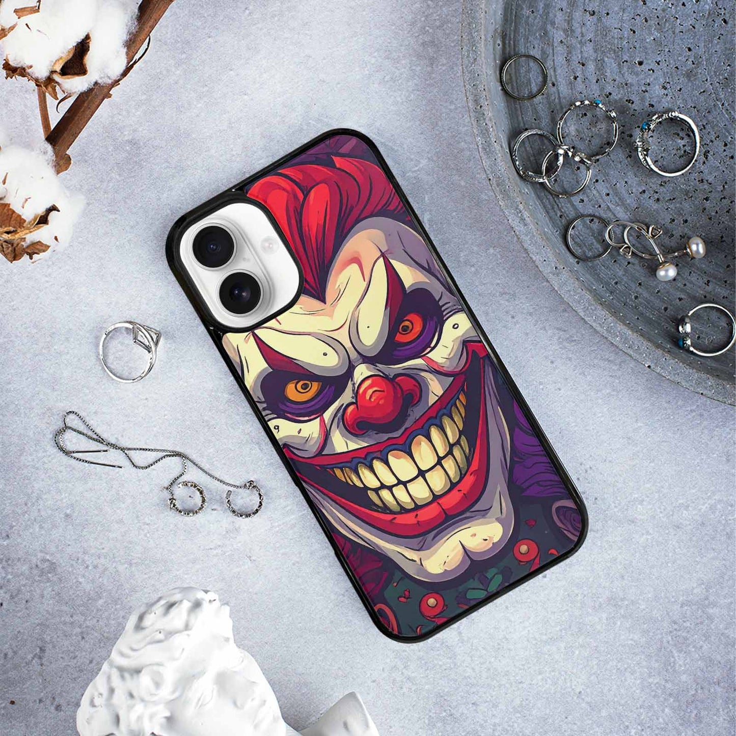 iPhone 16 Plus Case — Evil Circus Heads Faces Overlapping Patterns, Custom Printed Phone Case