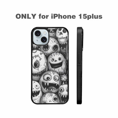 iPhone 15 Plus Case — Black And White Monster Face Collage, Custom Print Case Cover