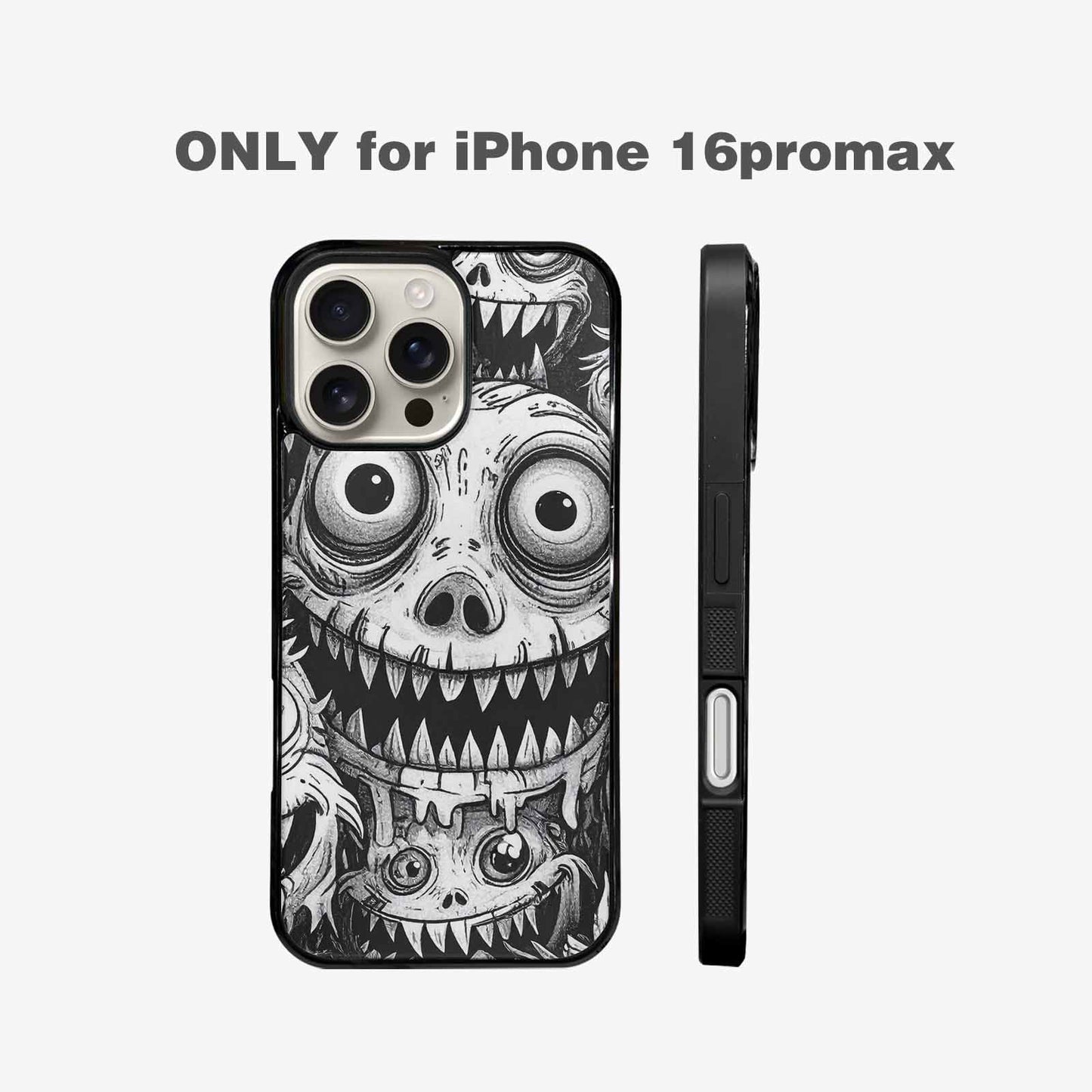 iPhone 16 Pro Max Case — Black And White Monster Face Collage, Custom Designed Case Cover