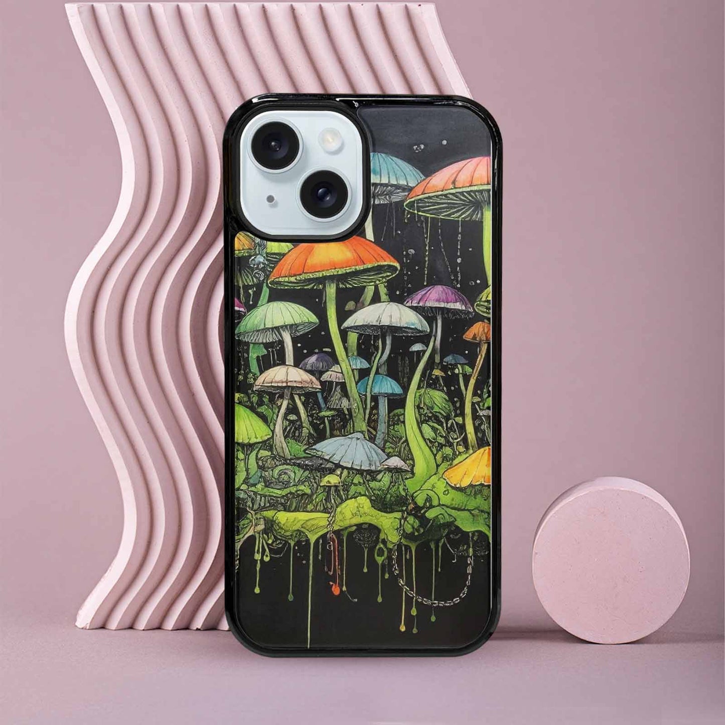 iPhone 15 Case — Rainbow Drip Mushrooms Black Green Ink, Custom Print Case Cover