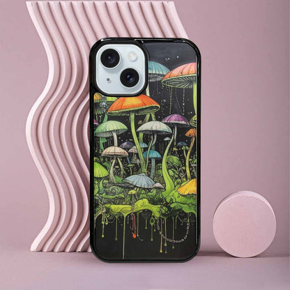 iPhone 15 Case — Rainbow Drip Mushrooms Black Green Ink, Custom Print Case Cover