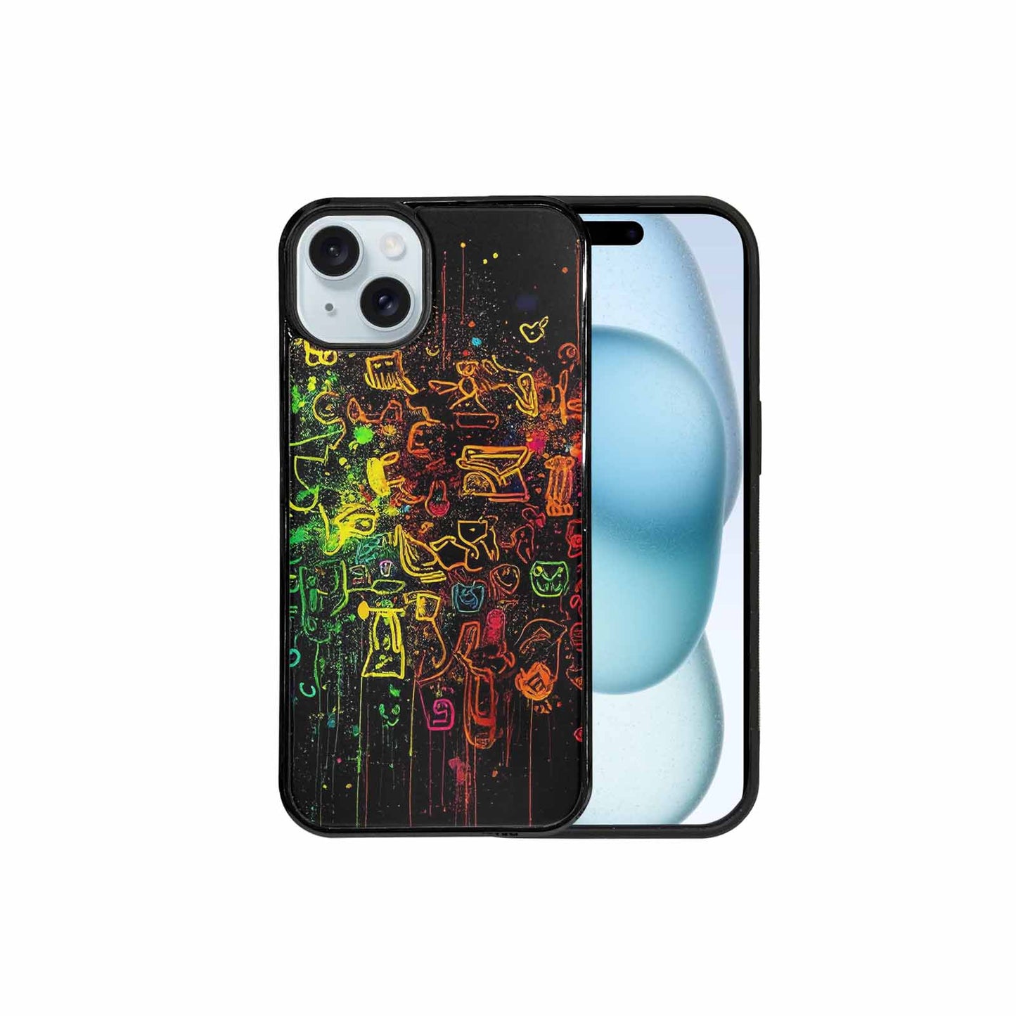 iPhone 15 Plus Case — Neon Glow Outline Icon Pattern Hundreds, Personalized Phone Case