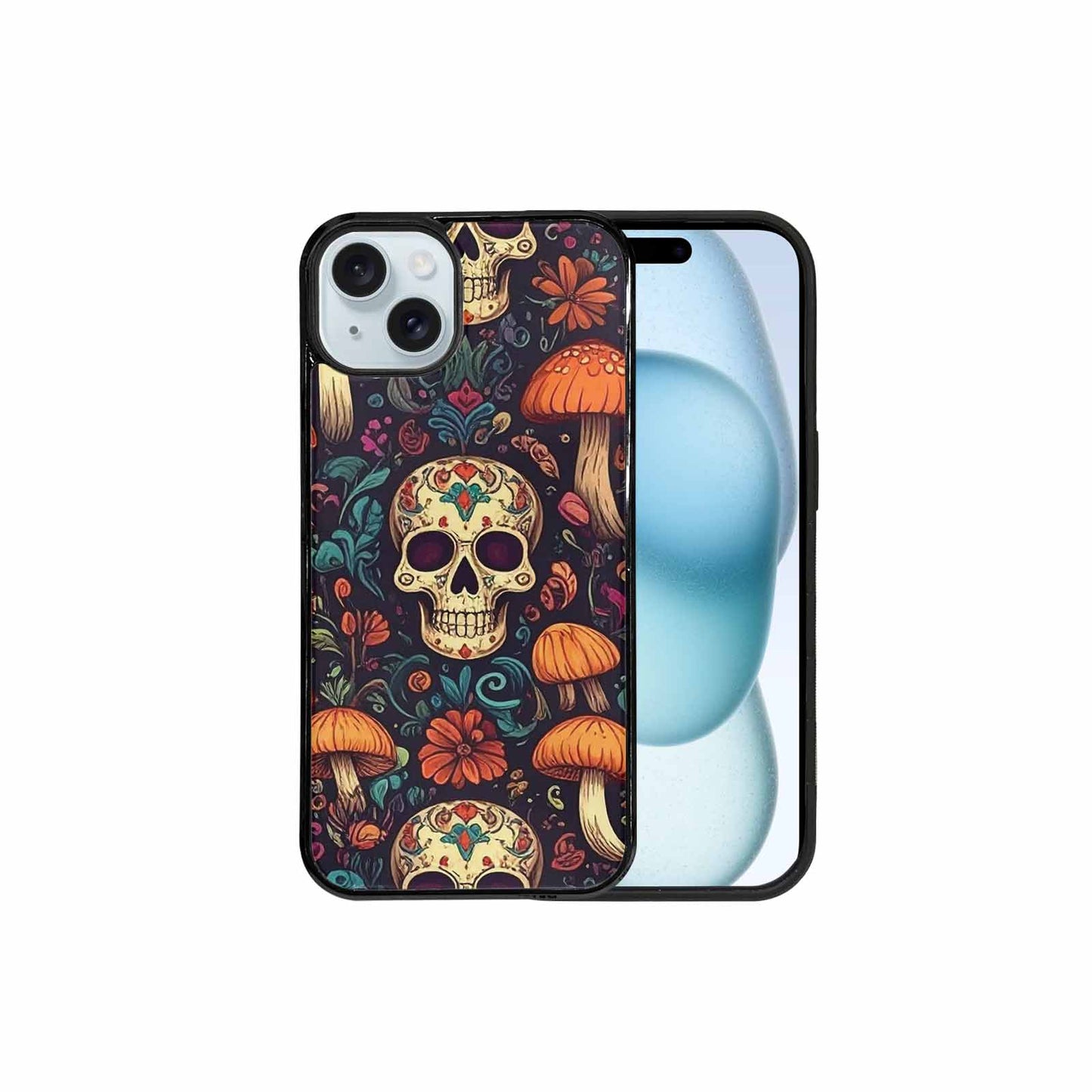 iPhone 15 Plus Case — Mushrooms And Skulls, Custom Made Phone Cover