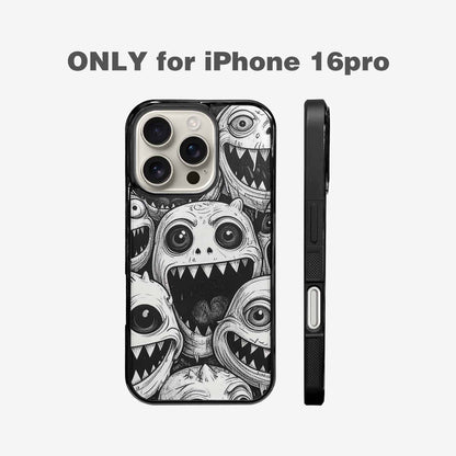 iPhone 16 Pro Case — Black And White Monster Face Collage, Custom Designed Case Cover