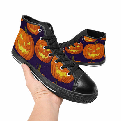 MEN'S Halloween Jackolantern Purple Sky High Top Canvas Neon Fantasy Sneakers