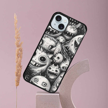 iPhone 15 Plus Case — Black And White Monster Face Collage, Custom Phone Case
