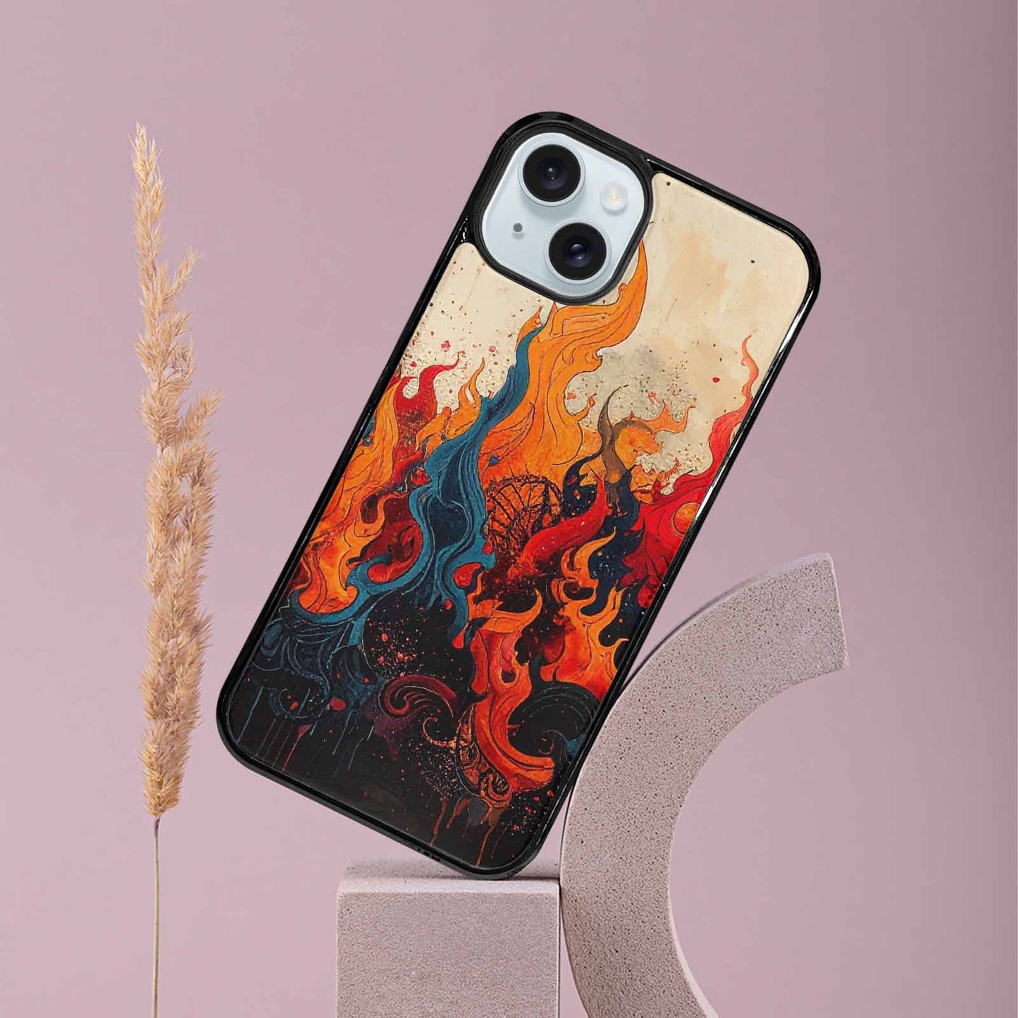 iPhone 15 Plus Case — Flame Burst Black Red Ink Flame, Unique Phone Case Design