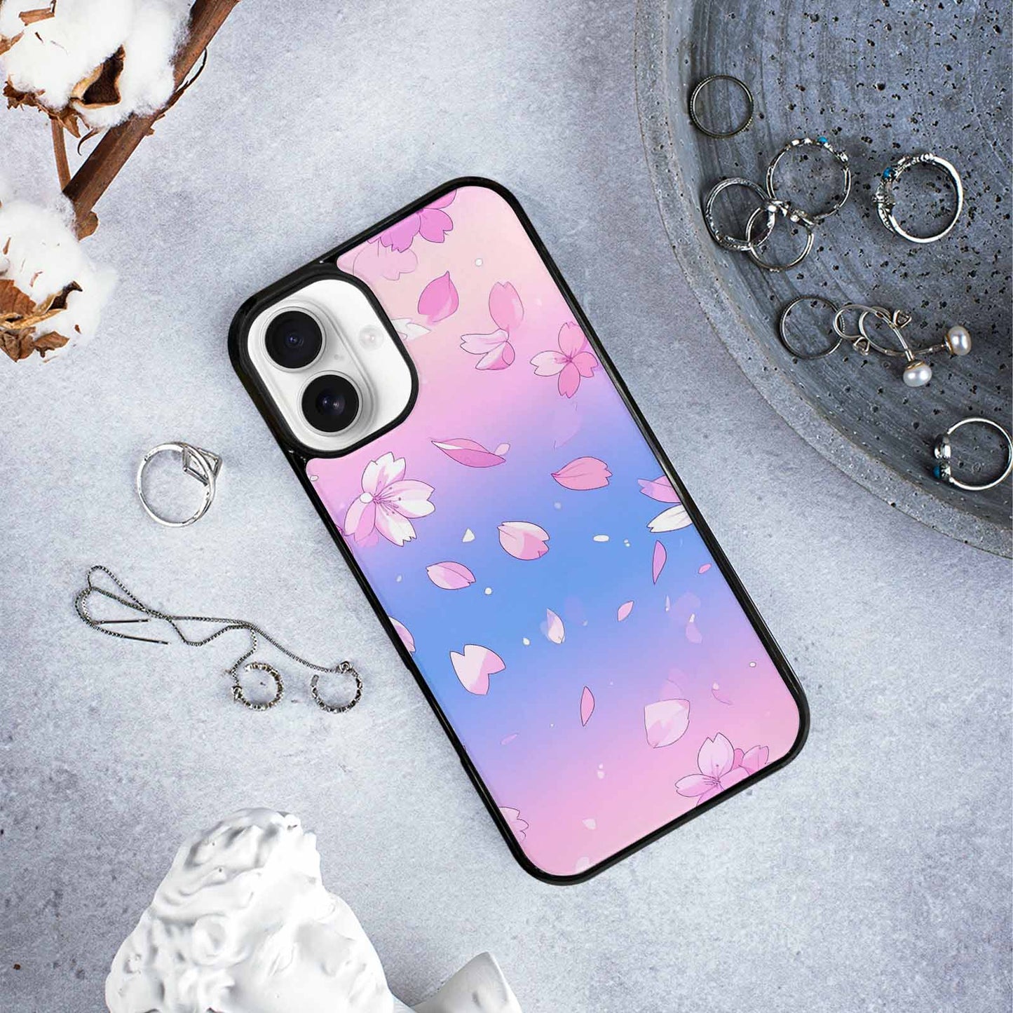 iPhone 16 Plus Case — Stylized Anime Style Cherry Blossom Petals, Custom Printed Phone Case