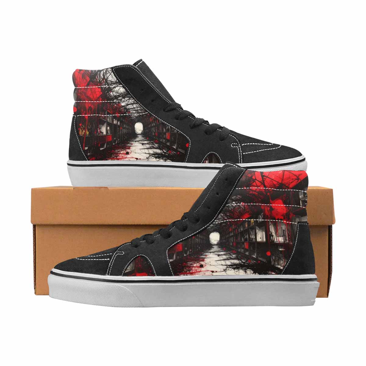 WOMEN'S Liminal Black & Red Ink High Top Canvas Streetwear Grunge Custom Sneakers