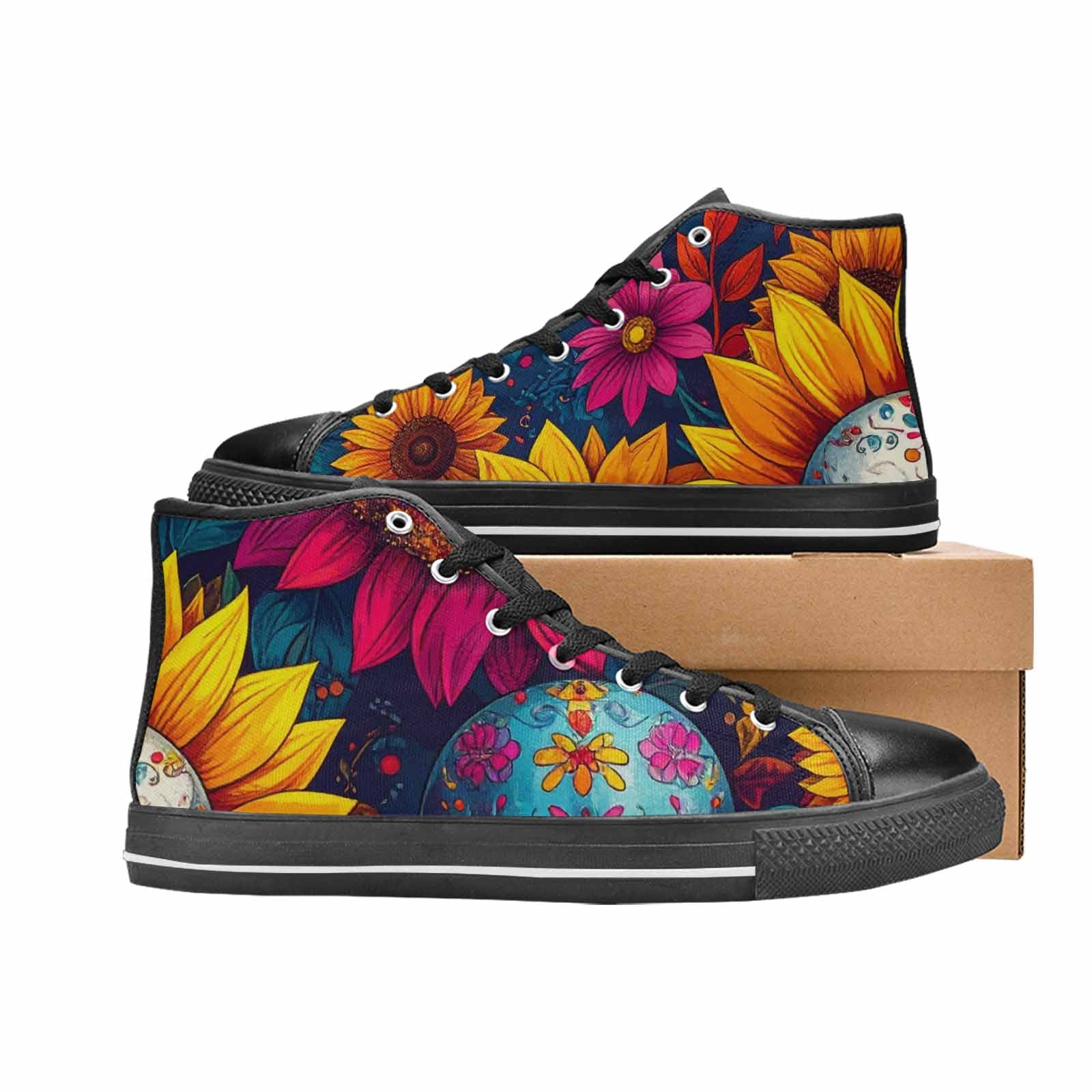 MEN'S Sunflower Skulls Print High Top Canvas Dreamcore Custom Shoes