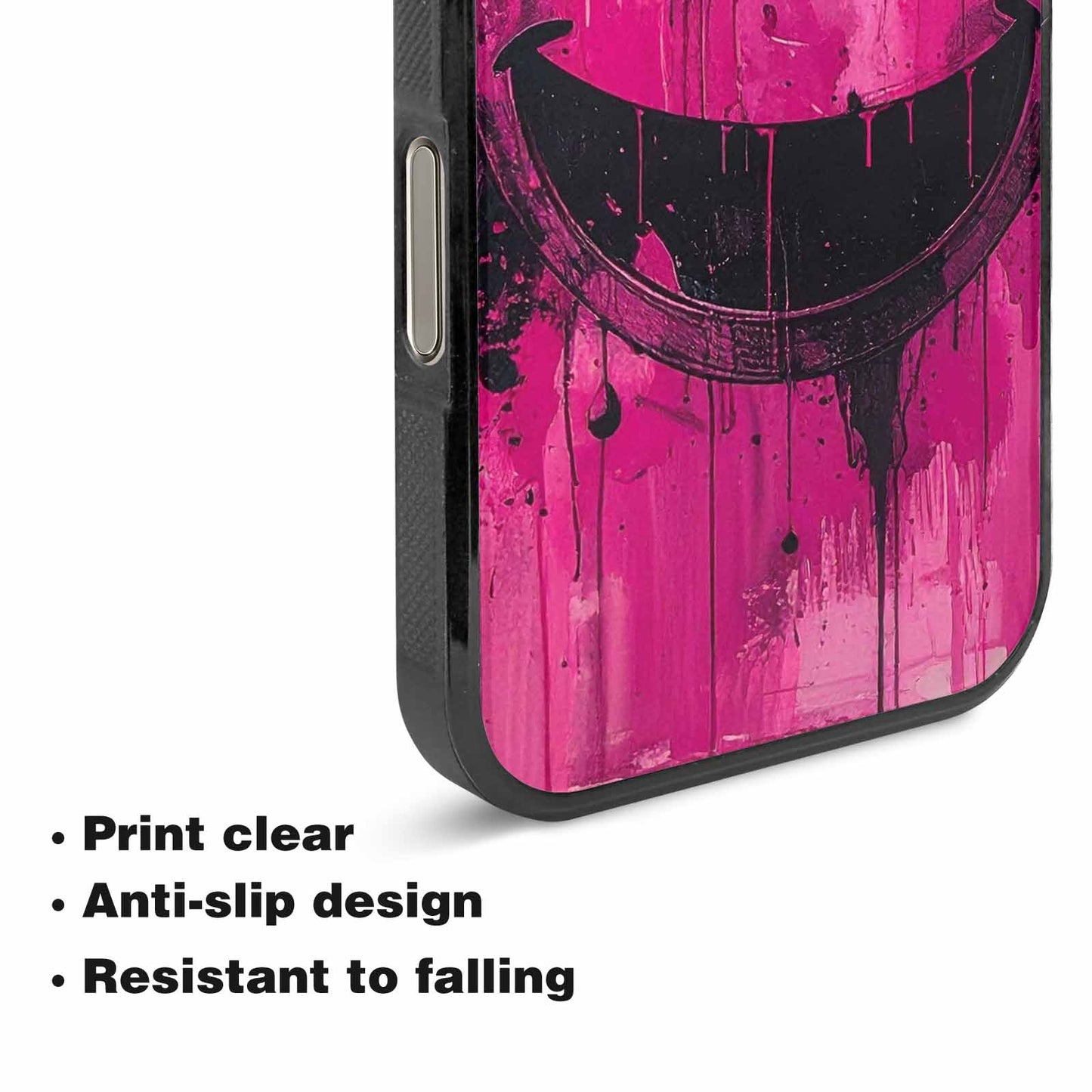 iPhone 16 Pro Max Case — Melting Moon Smiley Black Pink Ink, Personalized Phone Case