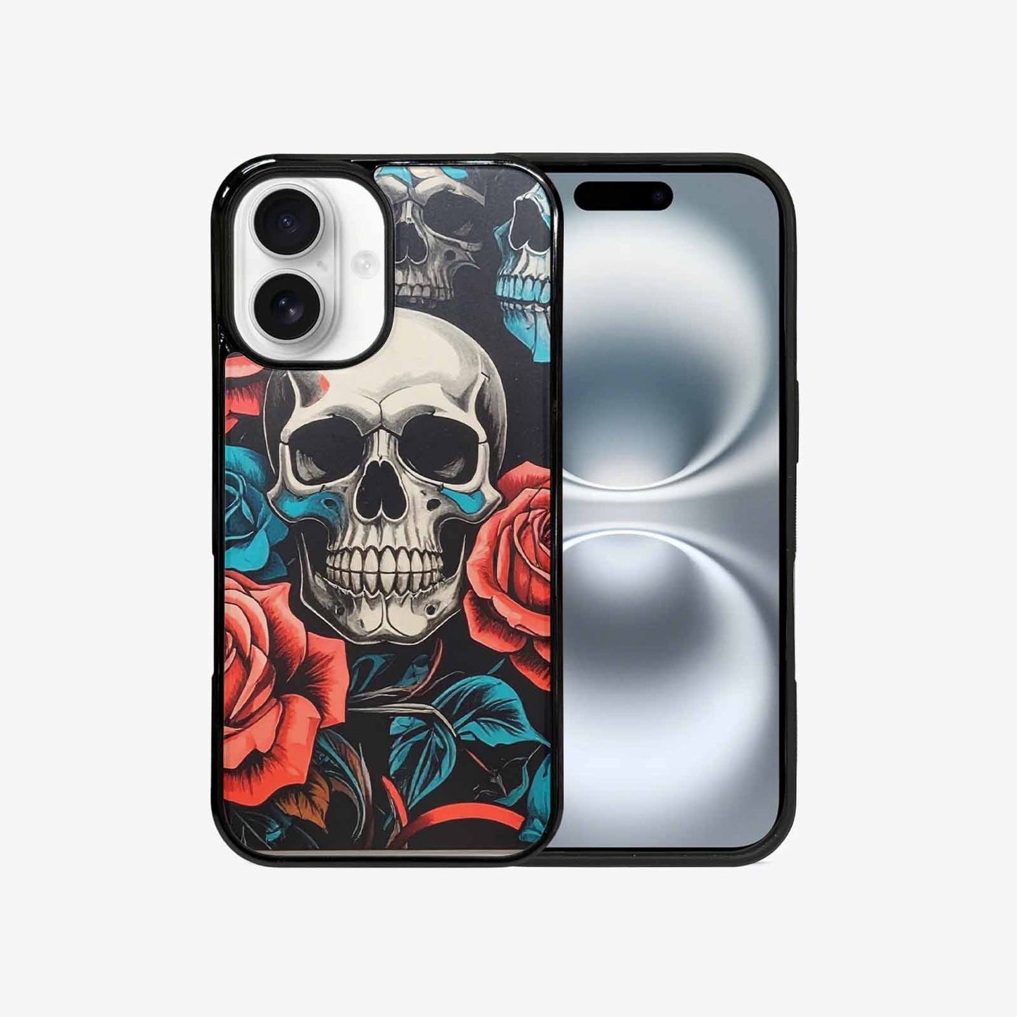 iPhone 16 Case — Skulls Roses Biker Tattoo, Custom Printed Phone Case