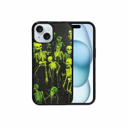 iPhone 15 Case — Skeletons Neon Green Glow Skeletons Pattern, Personalized Phone Case