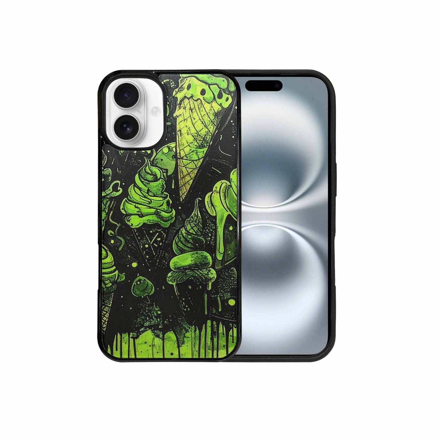iPhone 16 Plus Case — Ice Cream Motif Black Green Ink, Custom Phone Case