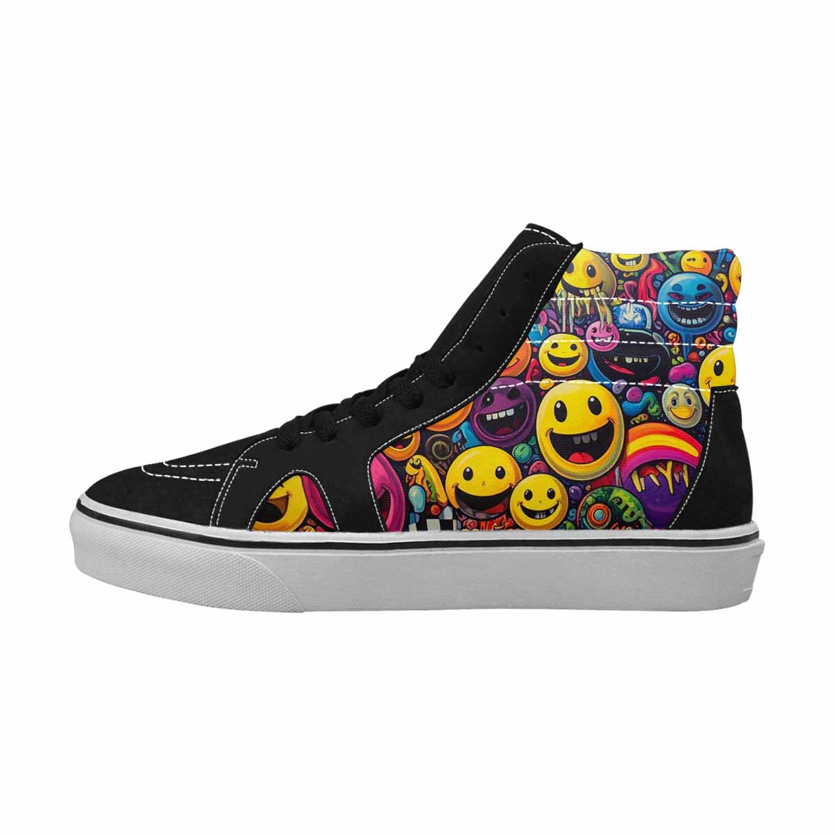 WOMEN'S Yellow Smiley Face High Top Canvas Grunge Custom Sneakers