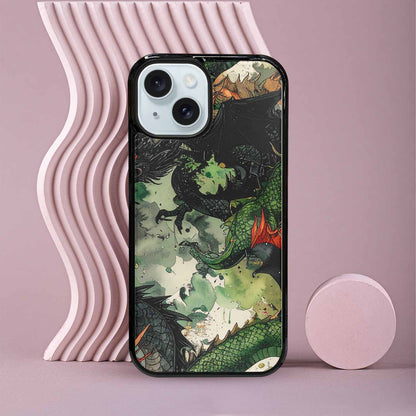 iPhone 15 Case — Dragon Scale Black Green Ink Dragons, Custom Print Case Cover