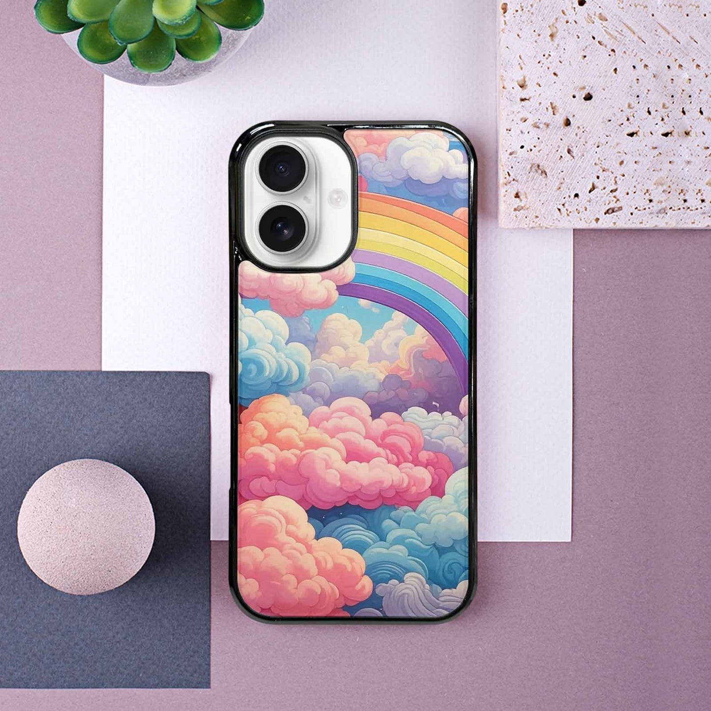 iPhone 16 Case — Cloud And Rainbow Burst Pattern Hundreds, Custom Art Phone Cover