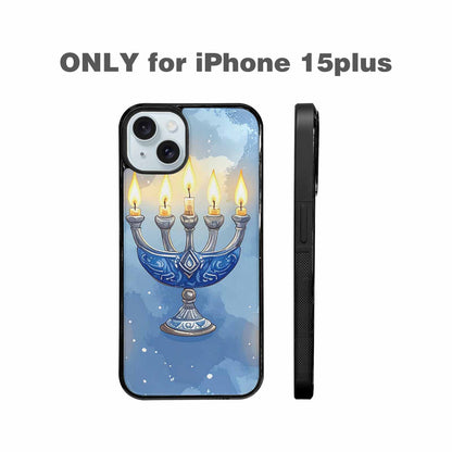 iPhone 15 Plus Case — Hanukkah Menorah Pattern Seamless Repeat Jewish, Custom Designed Case Cover