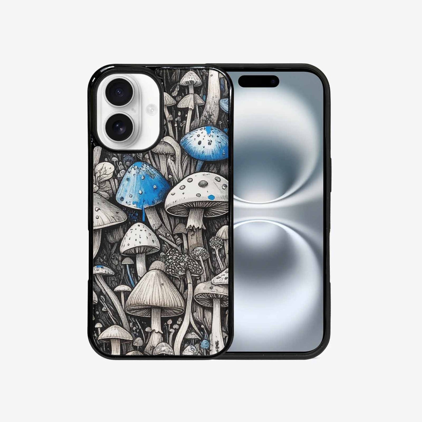 iPhone 16 Case — Mushrooms General Black Blue Ink Mushrooms, Custom Designed Case Cover