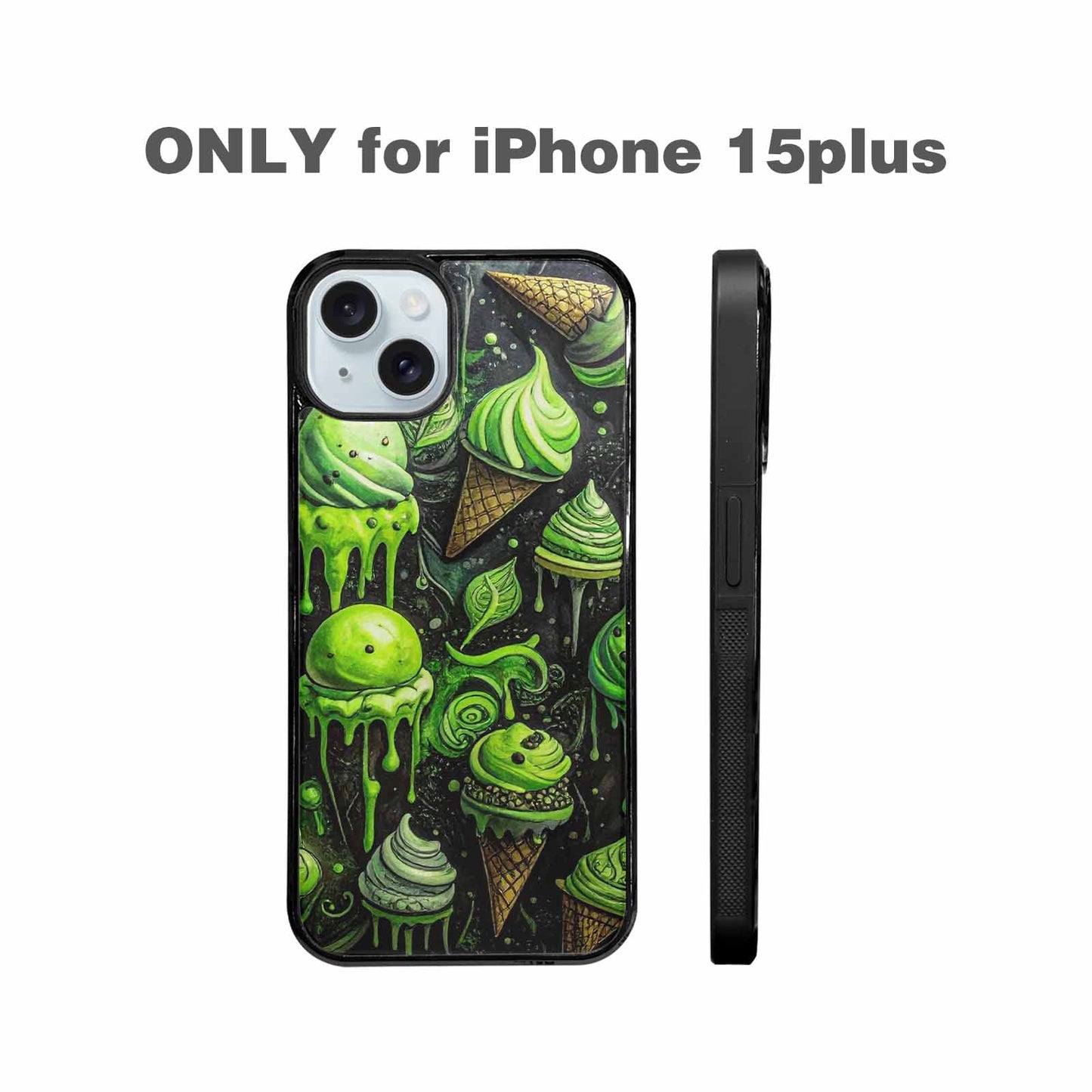iPhone 15 Plus Case — Ice Cream Motif Black Green Ink, Original Design Phone Case
