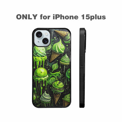 iPhone 15 Plus Case — Ice Cream Motif Black Green Ink, Original Design Phone Case