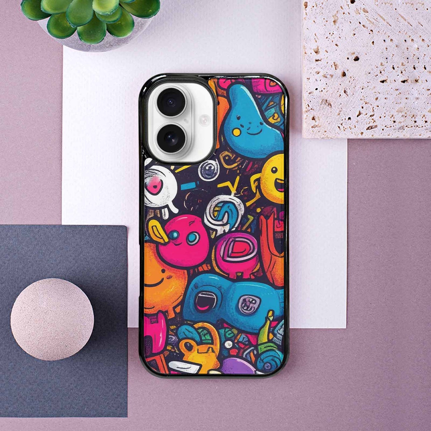 iPhone 16 Case — Hand Drawn Icon Doodle Pattern Hundreds, Unique Phone Case Design