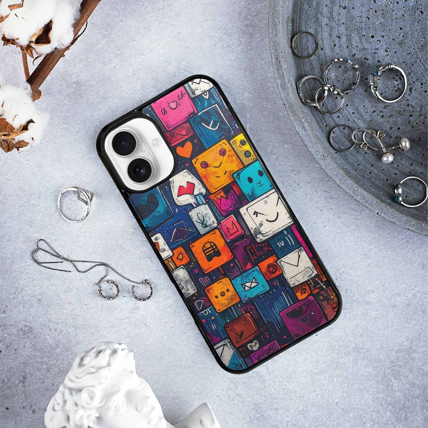 iPhone 16 Plus Case — Hand Drawn Icon Doodle Pattern Hundreds, Custom Printed Phone Case