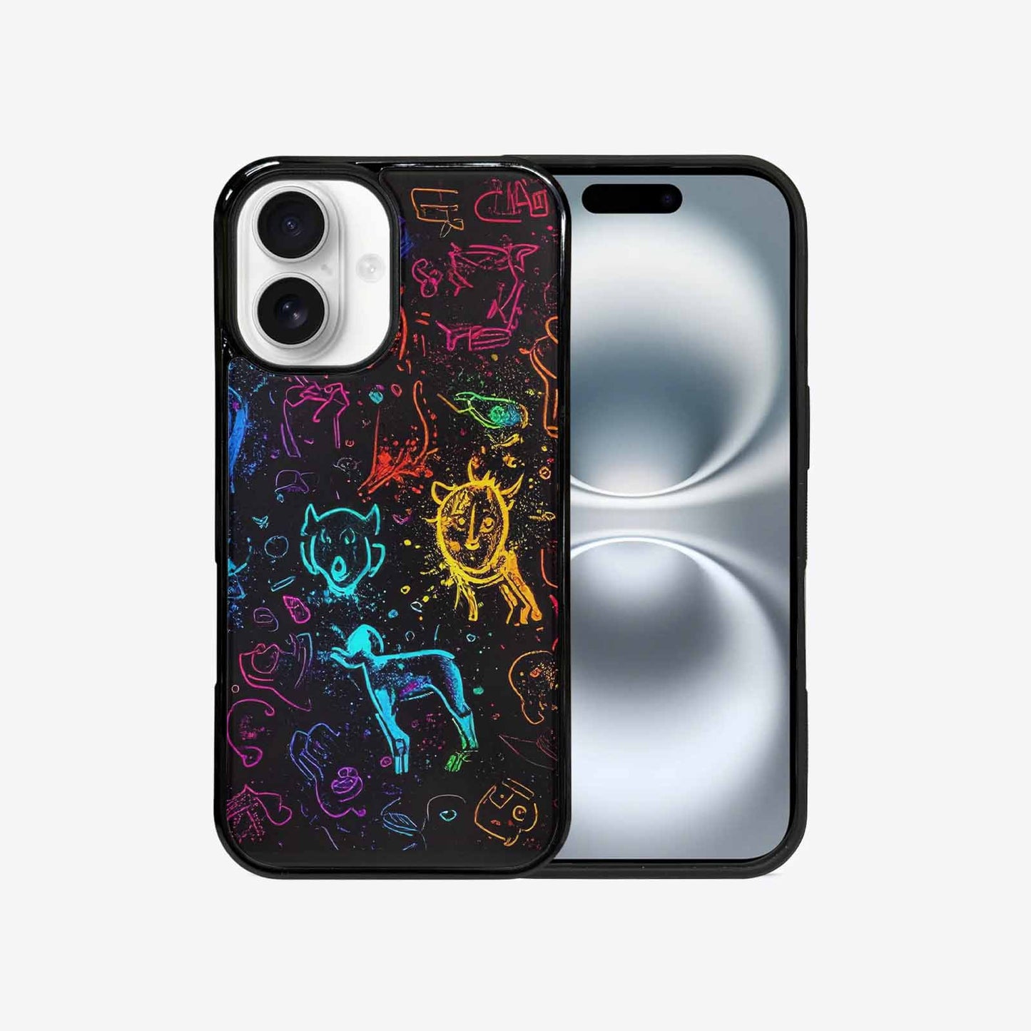 iPhone 16 Case — Neon Glow Outline Icon Pattern Hundreds, Customized Protective Case