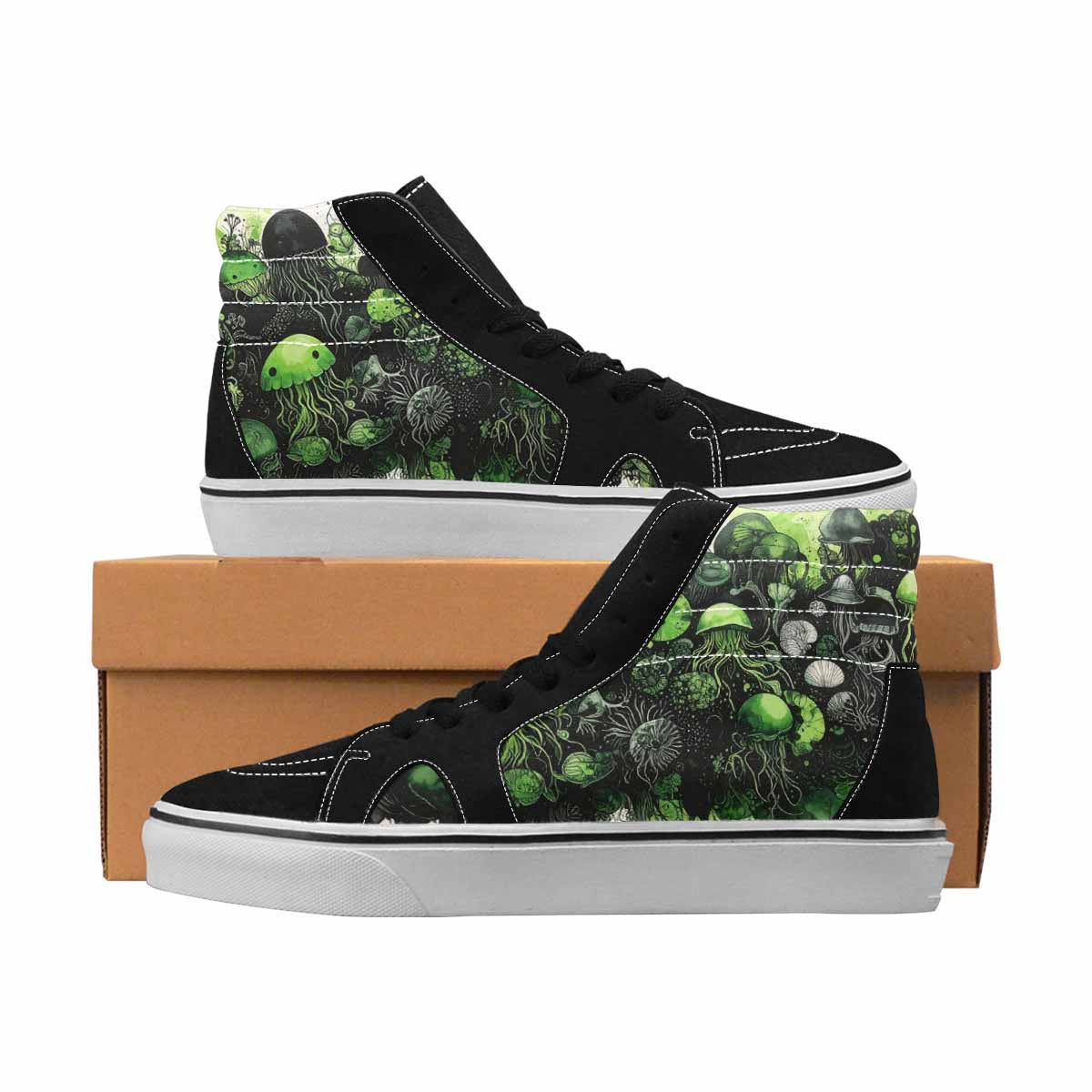 MEN'S Sea Creatures Black & Green Ink High Top Canvas Artist-designed Dark Academia Custom Printed Shoes