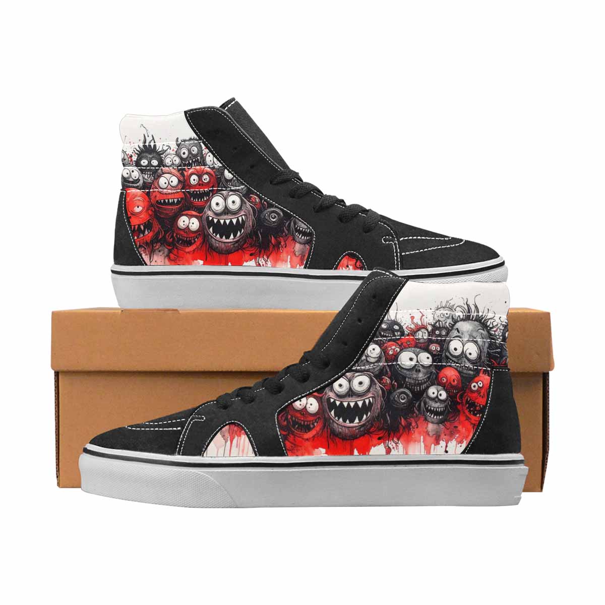WOMEN'S Monsters Black & Red Ink High Top Canvas Custom Design Grunge Custom Print Sneakers