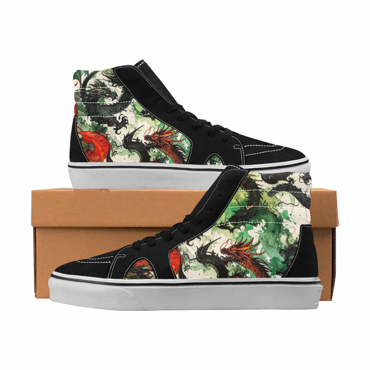 MEN'S Dragons Black & Green Ink High Top Canvas Graphic Print Neon Fantasy Custom Kicks