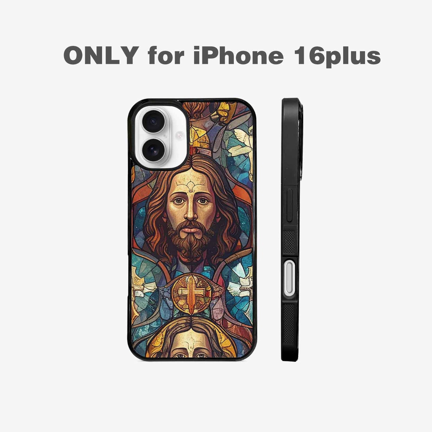 iPhone 16 Plus Case — Jesus Face Small Cross And Faith, Personalized Phone Case