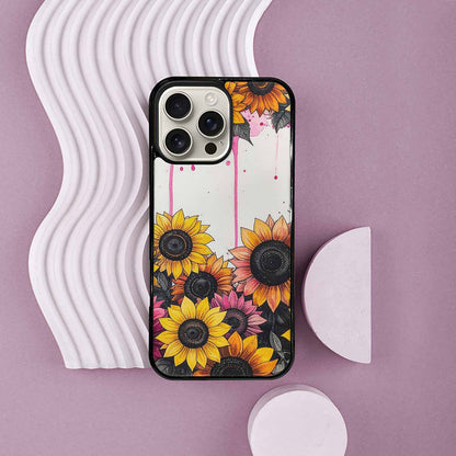iPhone 16 Pro Max Case — Sunflower Burst Black Pink Ink Sunflowers, Custom Art Phone Cover
