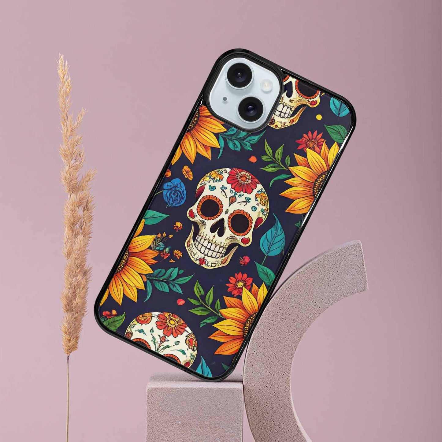 iPhone 15 Plus Case — Sunflowers Hundreds Of Skulls Art Seamless, Custom Made Phone Cover