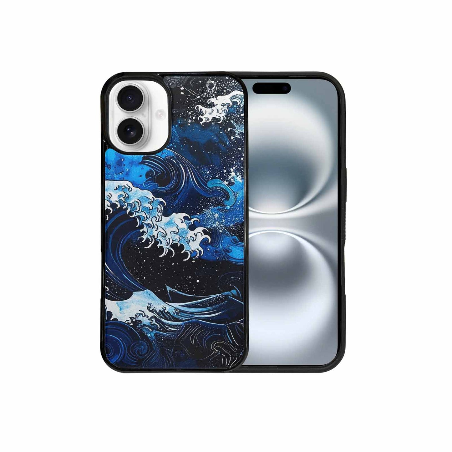 iPhone 16 Plus Case — Nautical Wave Black Blue Ink Wave, Custom Made Phone Cover